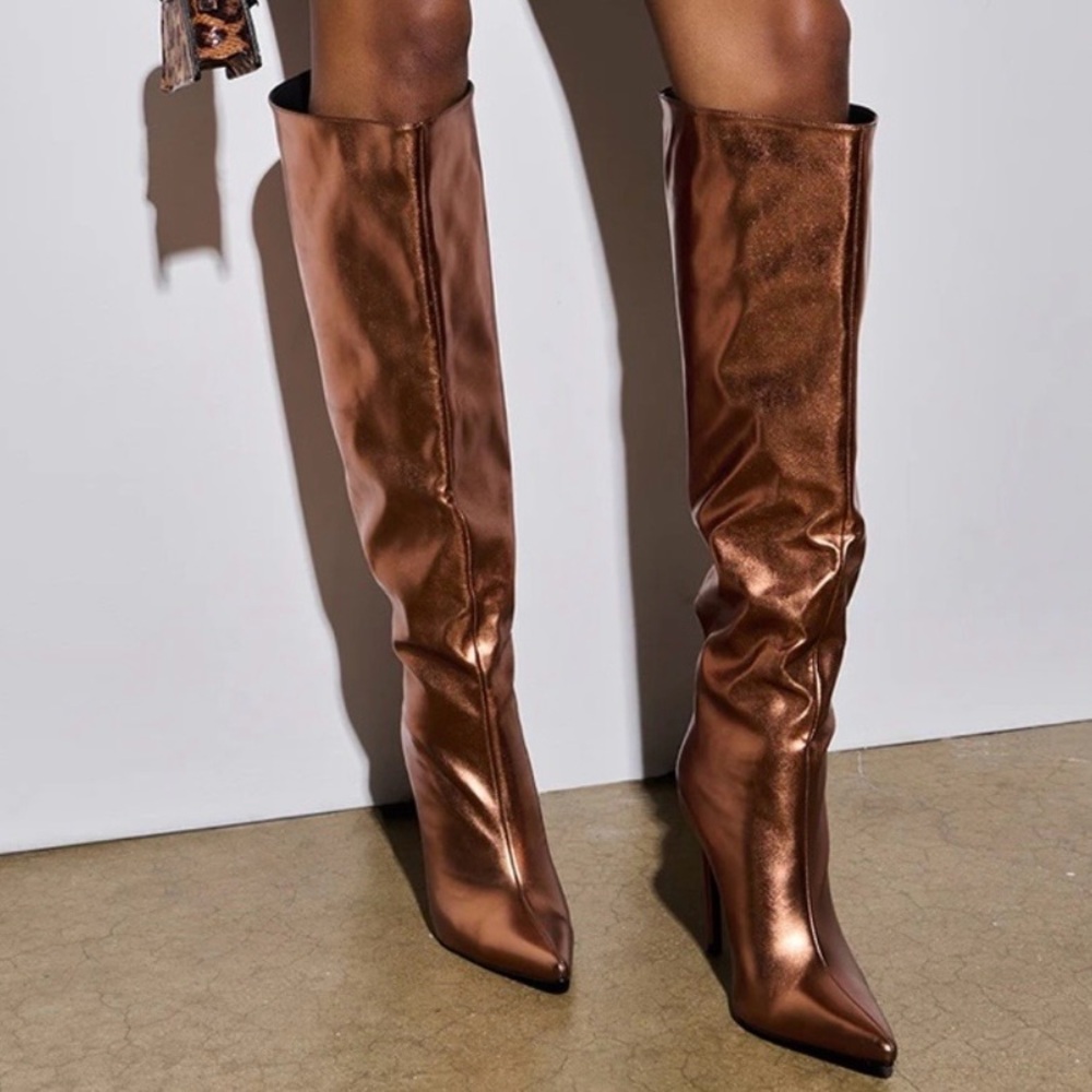 NWB Free People Triple Crown Over-The-Knee Slouch Leather Boots Metallic Sz 8